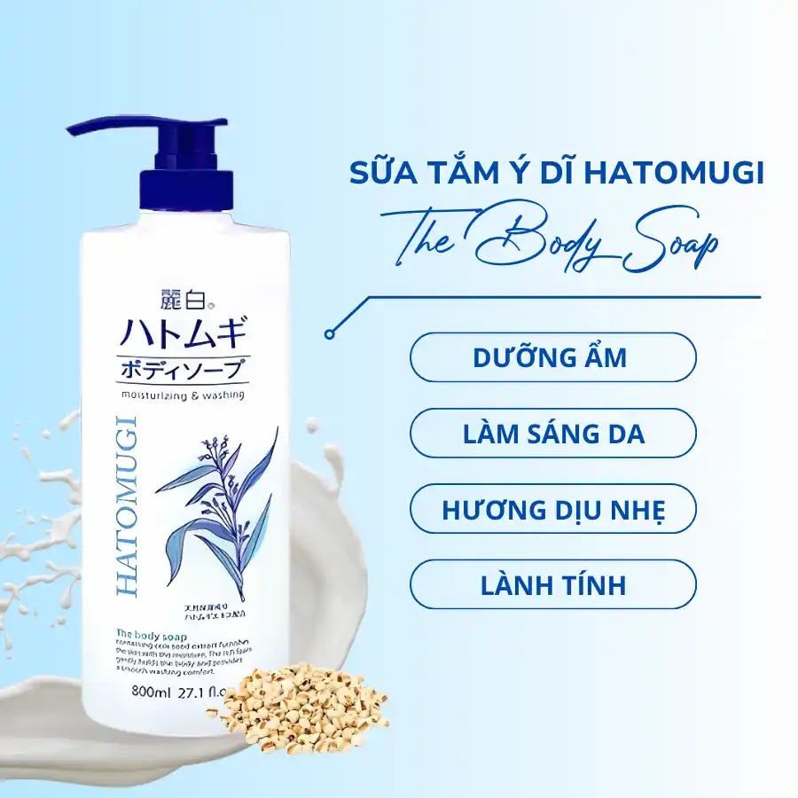 SỮA TẮM DƯỠNG ẨM VÀ LÀM SÁNG DA HATOMUGI 800ML (MÀU TRẮNG) 