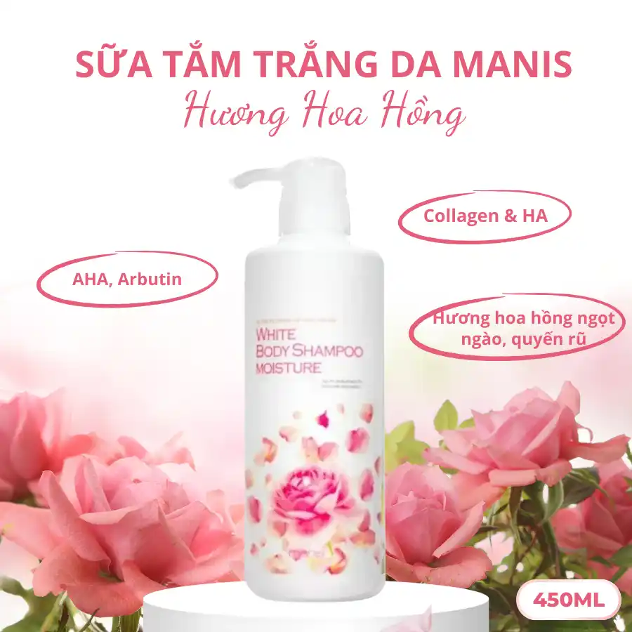 SỮA TẮM TRẮNG DA, DƯỠNG ẨM MANIS (HƯƠNG HOA HỒNG) (450ML)