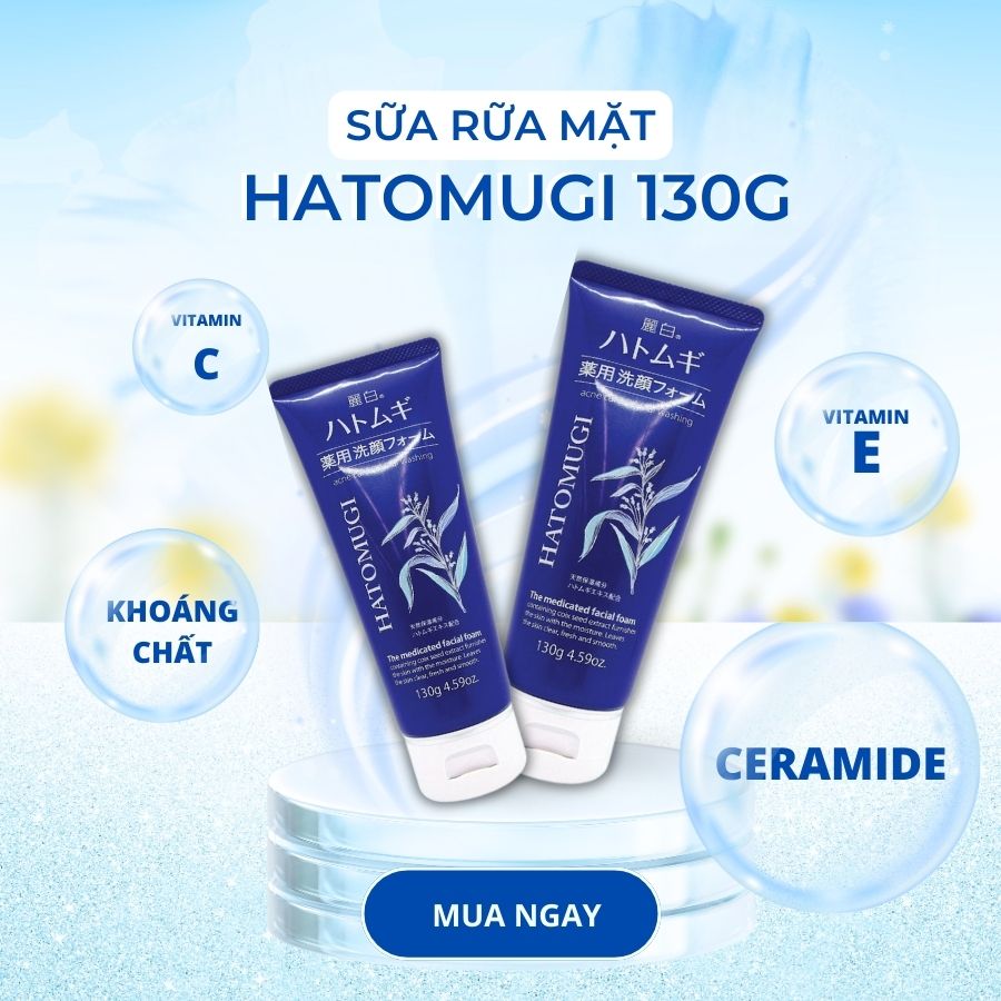 SỮA RỬA MẶT NGỪA MỤN, DƯỠNG ẨM VÀ LÀM SÁNG DA HATOMUGI MÀU XANH 130g.