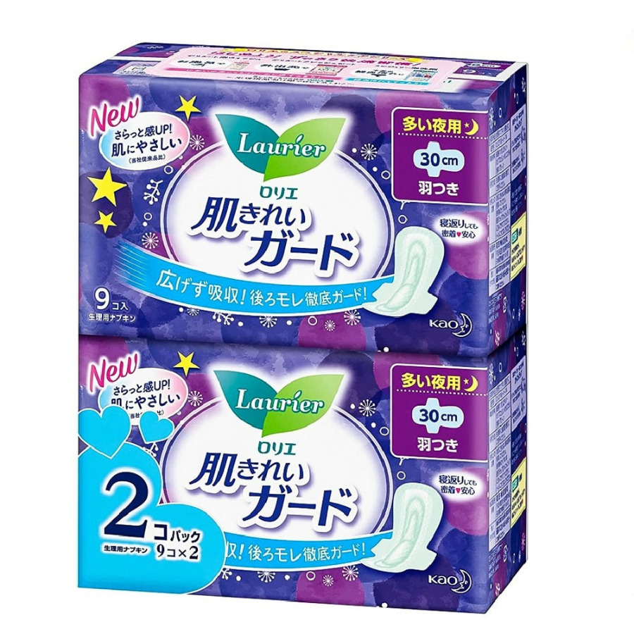 BĂNG VỆ SINH BAN ĐÊM CÓ CÁNH KAO LAURIER (9 MIẾNG X 2 GÓI)