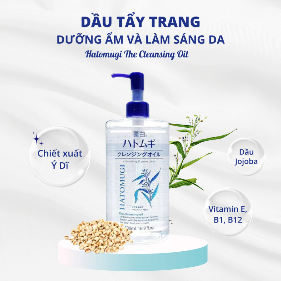 DẦU TẨY TRANG DƯỠNG ẨM VÀ LÀM SÁNG DA HATOMUGI 500ML
